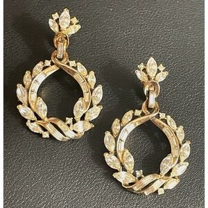CROWN TRIFARI Rhinestone‎ Earrings Clip Ons Dangle Gold Tone Wedding Jewelry